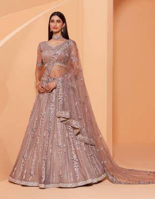 Mauve embroidered net semi stitched lehenga 2