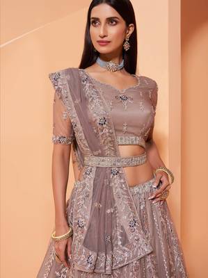 Mauve embroidered net semi stitched lehenga 3