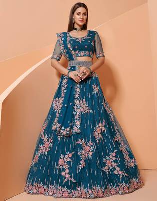 Blue embroidered net semi stitched lehenga 1