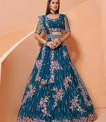 Blue embroidered net semi stitched lehenga
