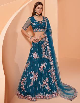 Blue embroidered net semi stitched lehenga 2