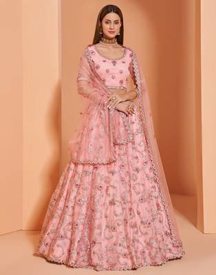 Pink embroidered net semi stitched lehenga 1