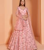Pink embroidered net semi stitched lehenga