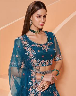 Blue embroidered net semi stitched lehenga 3