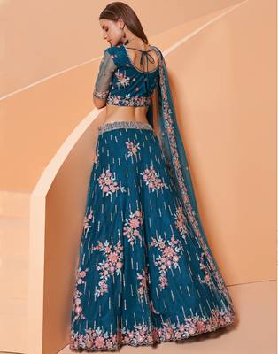 Blue embroidered net semi stitched lehenga 4