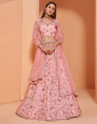 Pink embroidered net semi stitched lehenga 2