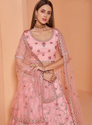 Pink embroidered net semi stitched lehenga 3