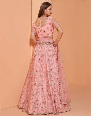 Pink embroidered net semi stitched lehenga 4