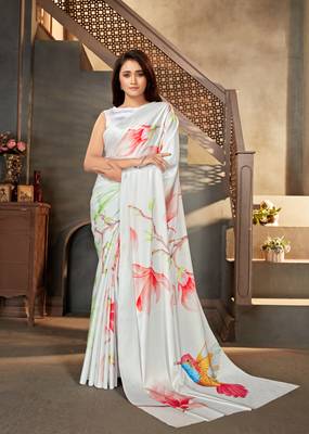 Off white printed satin saree with blouse 1