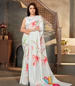 Off white printed satin saree with blouse