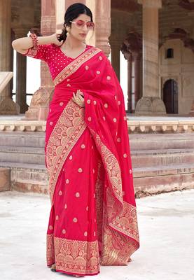 Pink woven banarasi silk saree with blouse 1