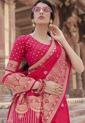 Pink woven banarasi silk saree with blouse 2