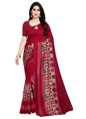 Maroon printed crepe saree with blouse 1