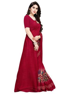 Maroon printed crepe saree with blouse 4