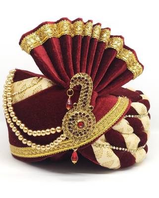 Groom Maroon Cream Brocade  Turban Safa 1