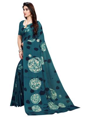 Sky blue printed crepe saree with blouse 4