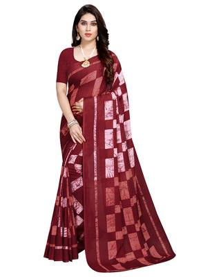 Maroon printed crepe saree with blouse 1