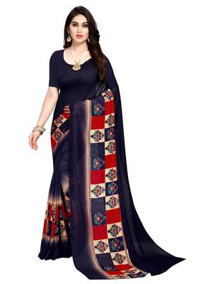 Blue printed crepe saree with blouse 1