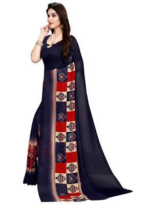 Blue printed crepe saree with blouse 3