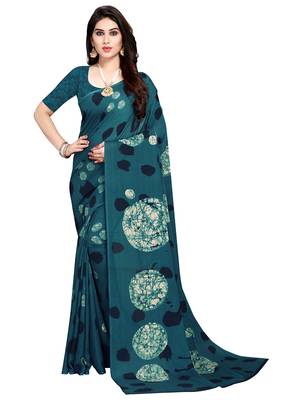 Sky blue printed crepe saree with blouse 1