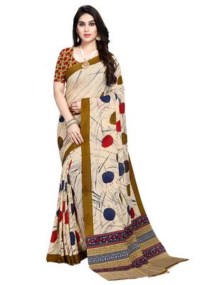 Beige printed crepe saree with blouse 1