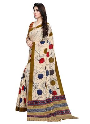 Beige printed crepe saree with blouse 3