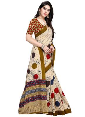 Beige printed crepe saree with blouse 4