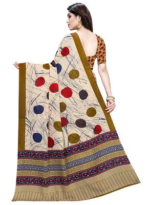 Beige printed crepe saree with blouse 5