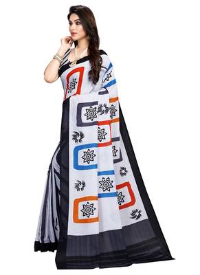 Off white printed crepe saree with blouse 4