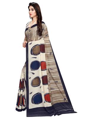 Beige printed crepe saree with blouse 4