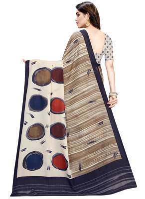 Beige printed crepe saree with blouse 5