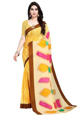 Yellow printed crepe saree with blouse 2