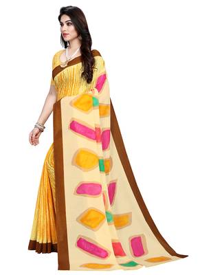 Yellow printed crepe saree with blouse 4