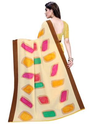 Yellow printed crepe saree with blouse 5