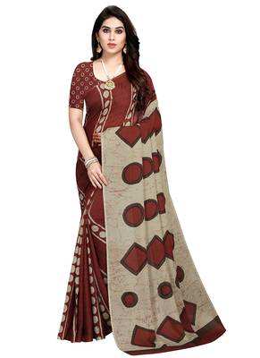 Brown printed crepe saree with blouse 2