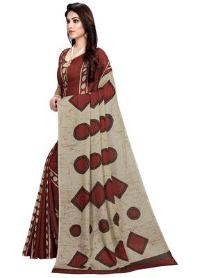 Brown printed crepe saree with blouse 4