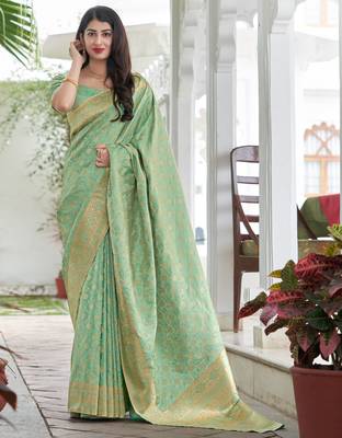 Light green woven banarasi silk saree with blouse 1
