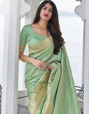 Light green woven banarasi silk saree with blouse 2