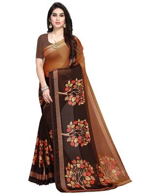 Brown printed crepe saree with blouse 1