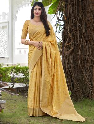 Yellow woven banarasi silk saree with blouse 1