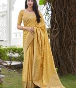 Yellow woven banarasi silk saree with blouse
