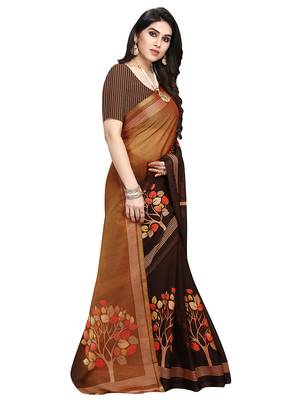 Brown printed crepe saree with blouse 3