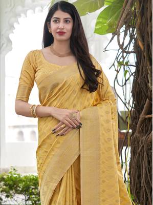 Yellow woven banarasi silk saree with blouse 2
