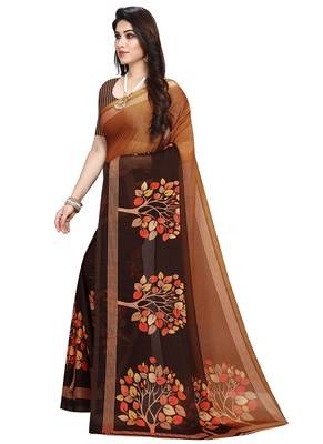 Brown printed crepe saree with blouse 4