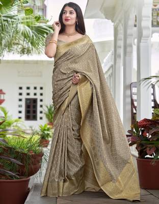 Dark grey woven banarasi silk saree with blouse 1