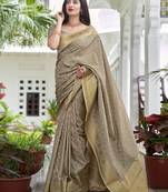 Dark grey woven banarasi silk saree with blouse