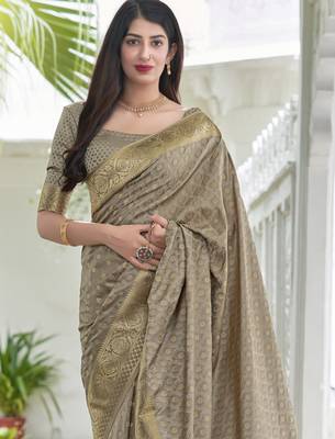 Dark grey woven banarasi silk saree with blouse 2