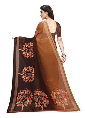 Brown printed crepe saree with blouse 5