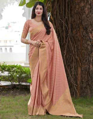 Peach woven banarasi silk saree with blouse 1