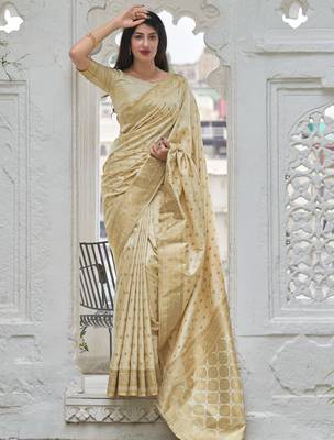 Cream woven banarasi silk saree with blouse 1